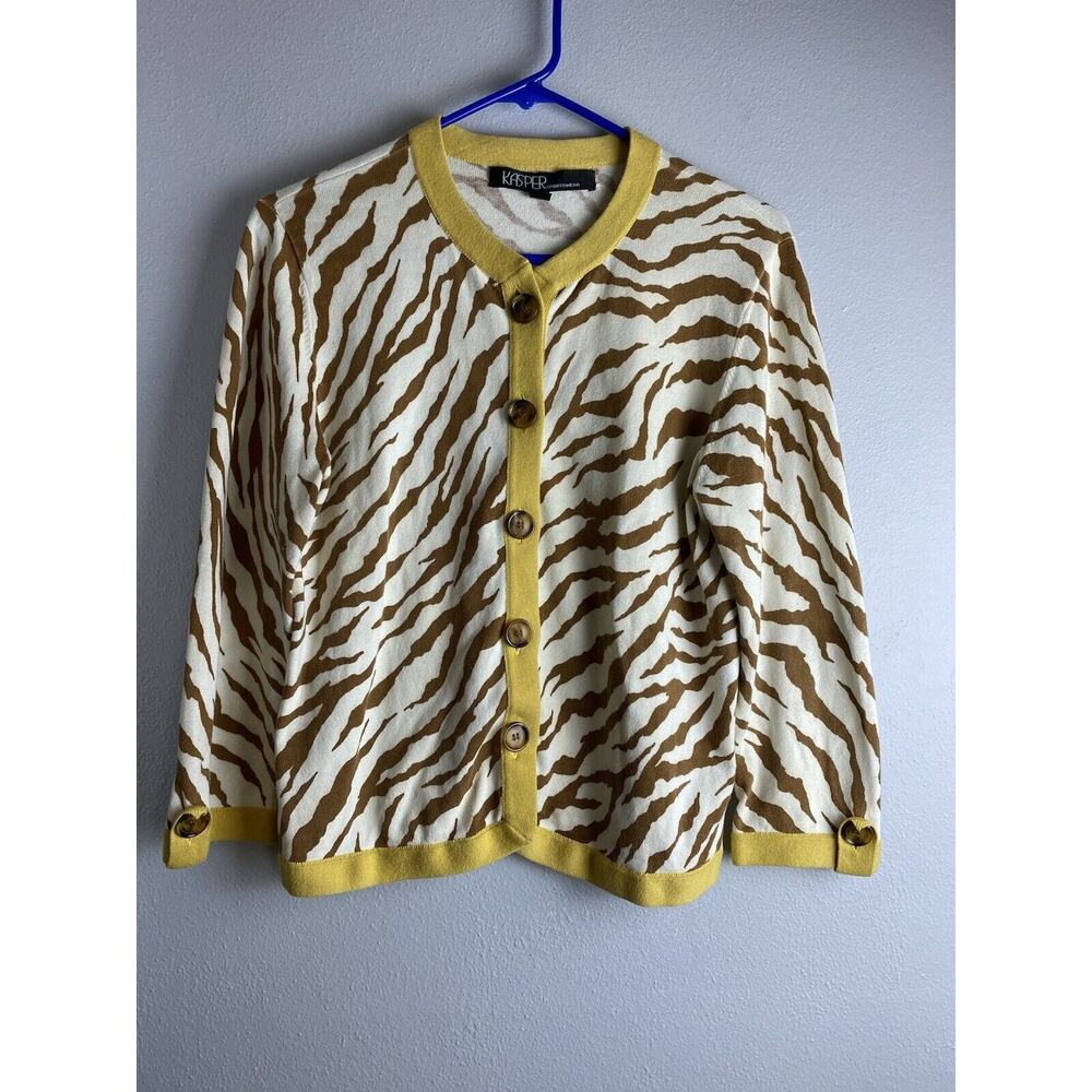 Kasper Sportswear Sz M Brown Yellow Animal Print Button Up Cardigan